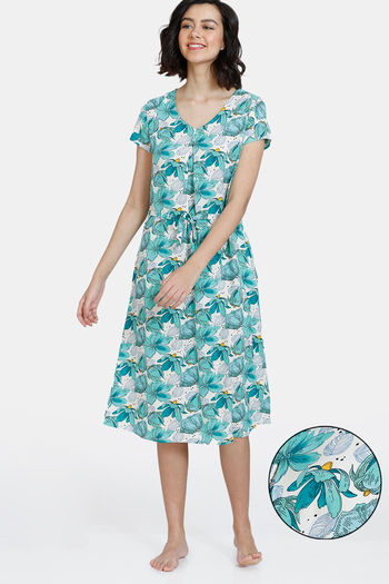 Buy Zivame Blotched Bloom Woven Mid Length Nightdress - Florida Key